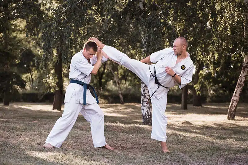 Students learning defense techniques in adult martial arts class.